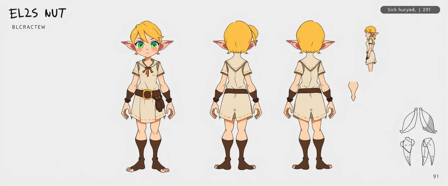 Character Design Sheet, elf, character reference sheet, 3 multiview: front view and back view and side view, colorfully, plain. - Image