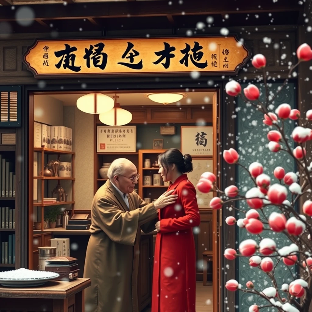 In the quaint traditional Chinese medicine clinic, a horizontal plaque displays the cursive characters "Today's Medicine Prices." Inside, it is warm as spring, and an elderly man in a Daoist robe is taking the pulse of a young woman in red clothes. Outside, red plum blossoms are in full bloom, and heavy snow is falling.