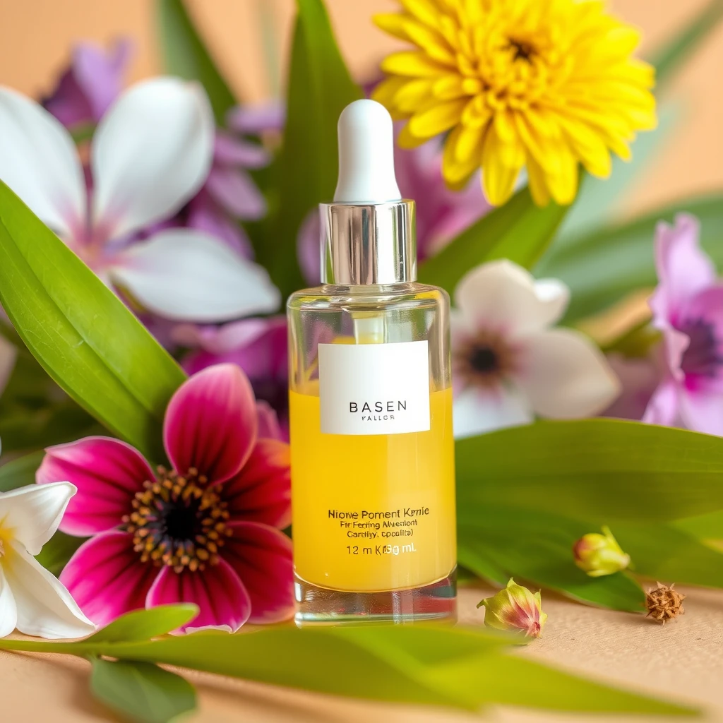 Transparent cosmetics, with yellow liquid in the bottle, surrounded by flowers and green leaves behind the bottle. - Image