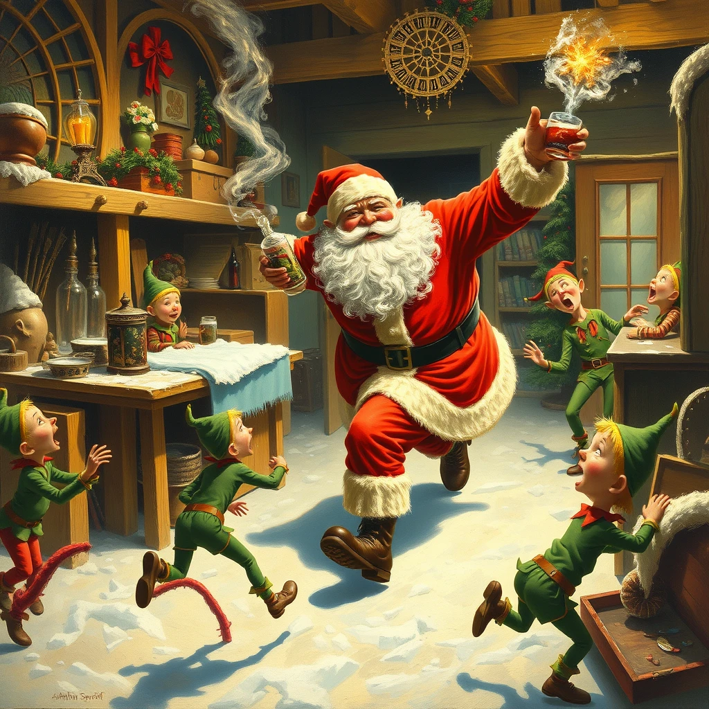 Santa is drunk again and rampaging through the workshop, elves are running in terror, a painting by Arthur Sarnoff. - Image