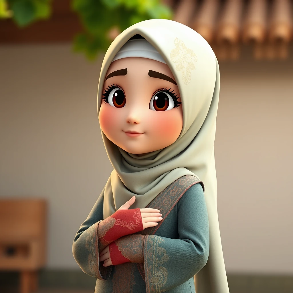 A 3D, 8k animated cartoon depiction of a Muslim woman from Palembang, wearing a traditional long songket and a long gown (gamis). She is adorned with a hijab that covers her chest and wears batik gloves covering her hands. - Image