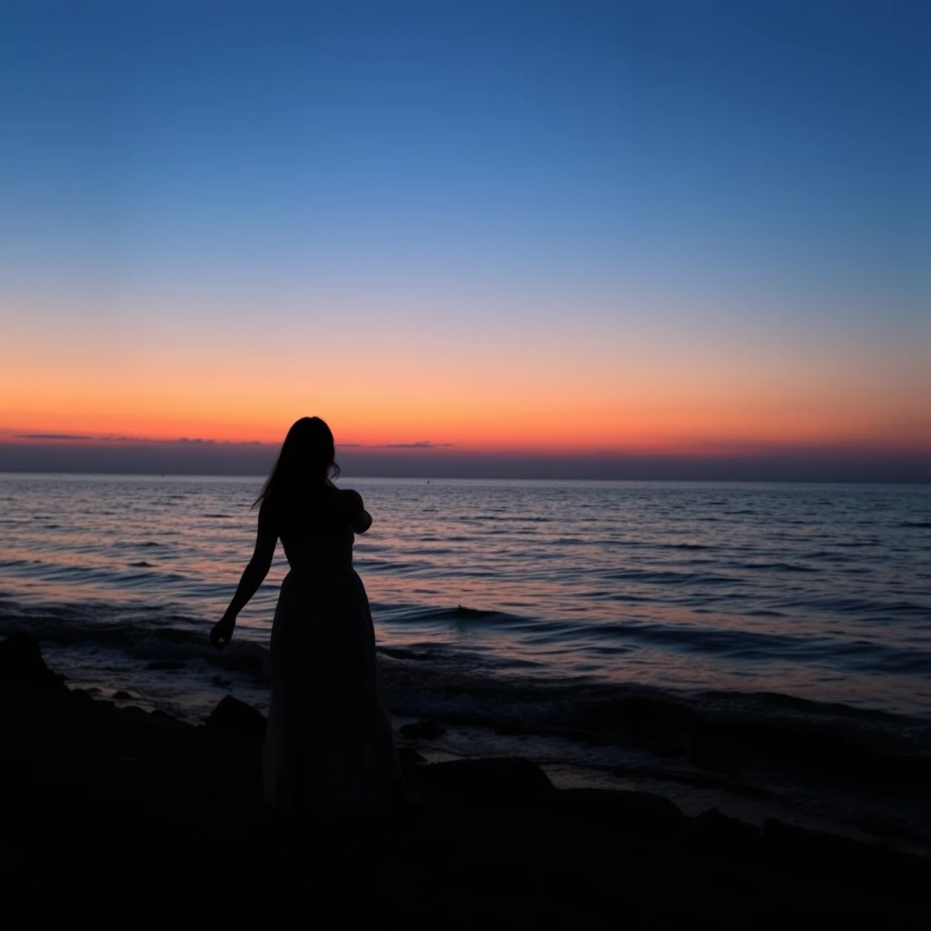 "At dusk, a couple holds hands by the seaside."