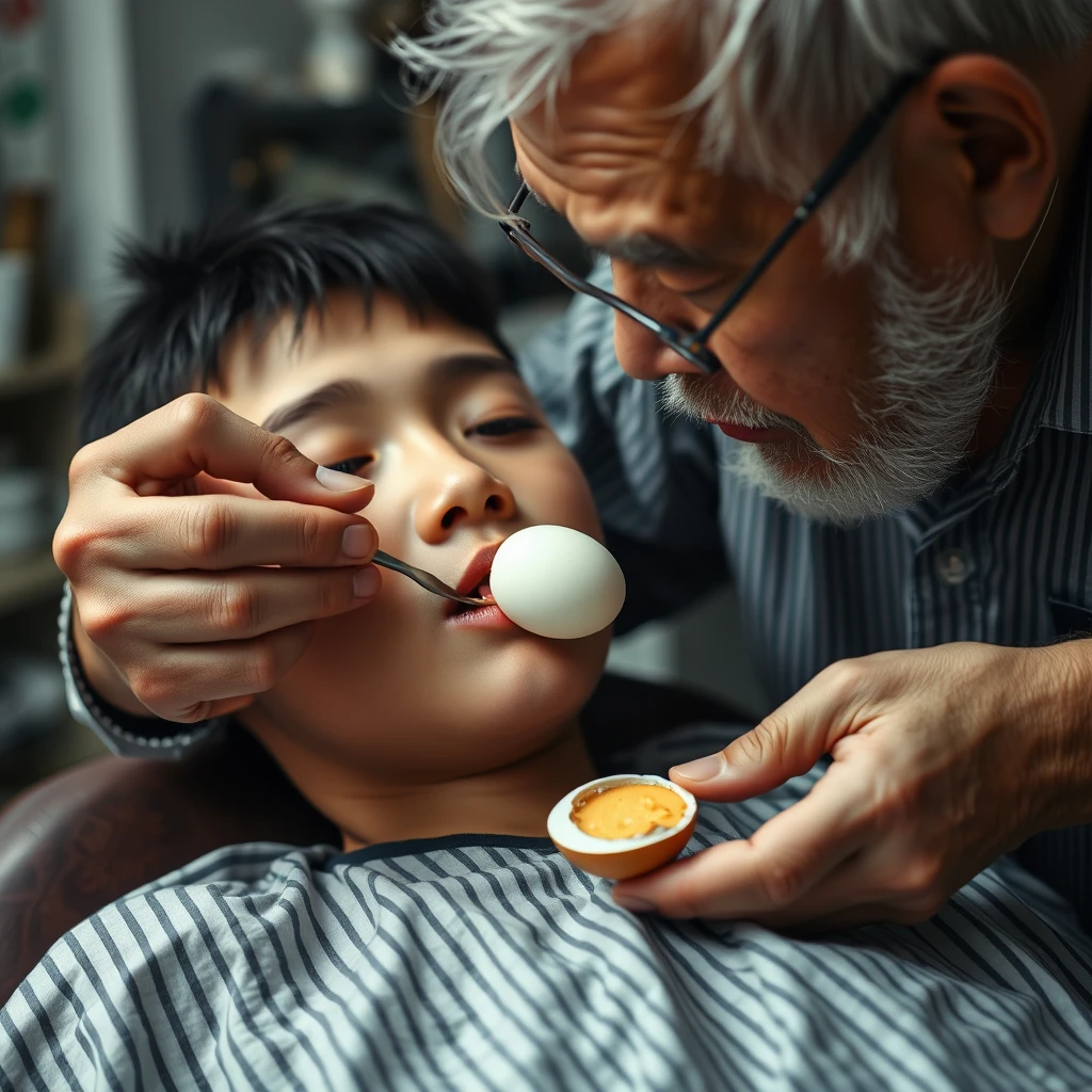 Portrait, facial shot, an elderly barber is feeding a 12-year-old Korean boy, who appears feminine and is wearing makeup, while lying on a barber chair with a peeled boiled egg. - Image