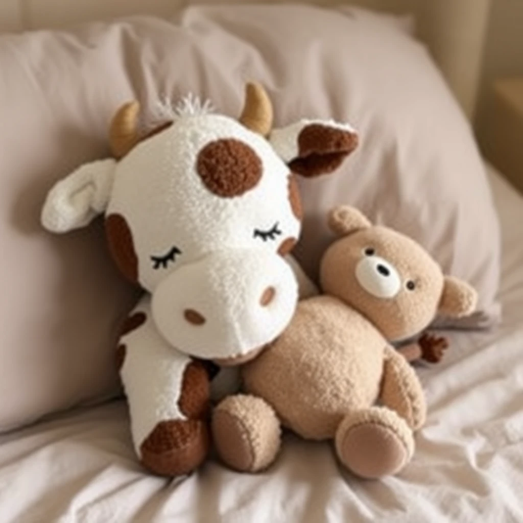 A cute plushie cow going to sleep on a bed while hugging a beige bean plushie.