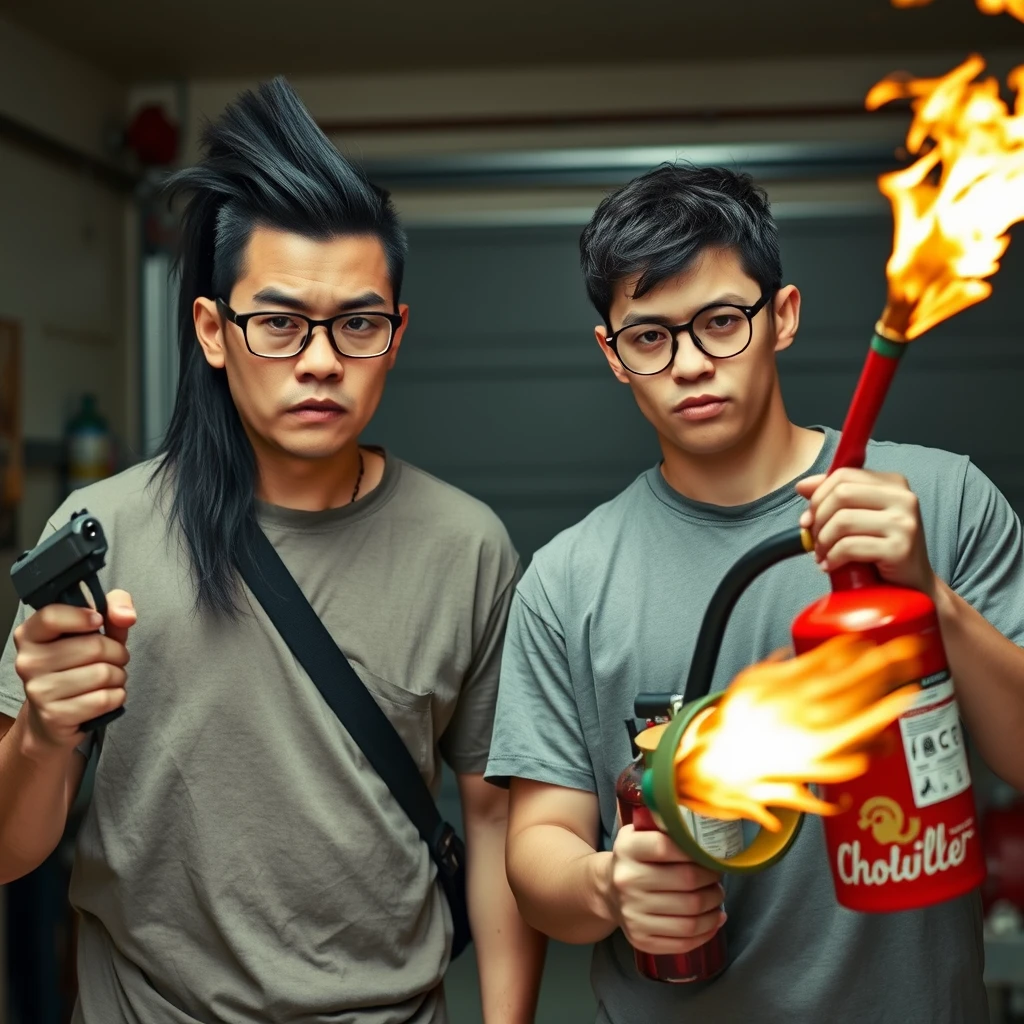 21-year-old white Chinese man with square glasses, long black mullet, holding a pistol; 21-year-old white Italian man with round prescription glasses and short hair holding a very large fire extinguisher flamethrower, in a garage setting, both angry.