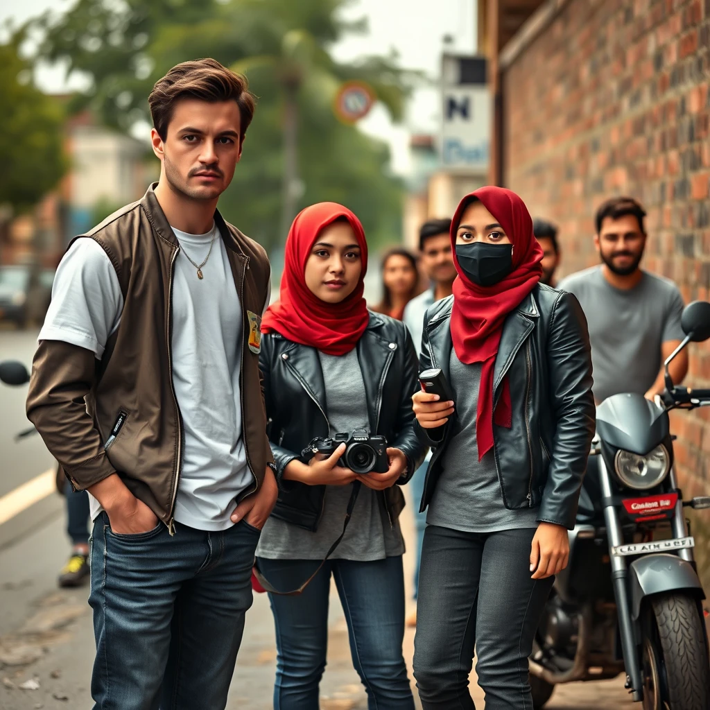 Jamie Dornan and Freddie Prinze, head and body shot, handsome, young, serious face, dark brown hair, white T-shirt, collage jacket, skinny jeans, sneakers, standing, discussing with the two guys and a short slim Muslim girl in a red hijab, beautiful eyes, black face mask, black leather jacket, grey long T-shirt, bell-bottom jeans, holding a DSLR Canon camera, near a town road, superbike, hyper-realistic, street photography, brick wall, full body photo, five other random smiling friends in the back. - Image