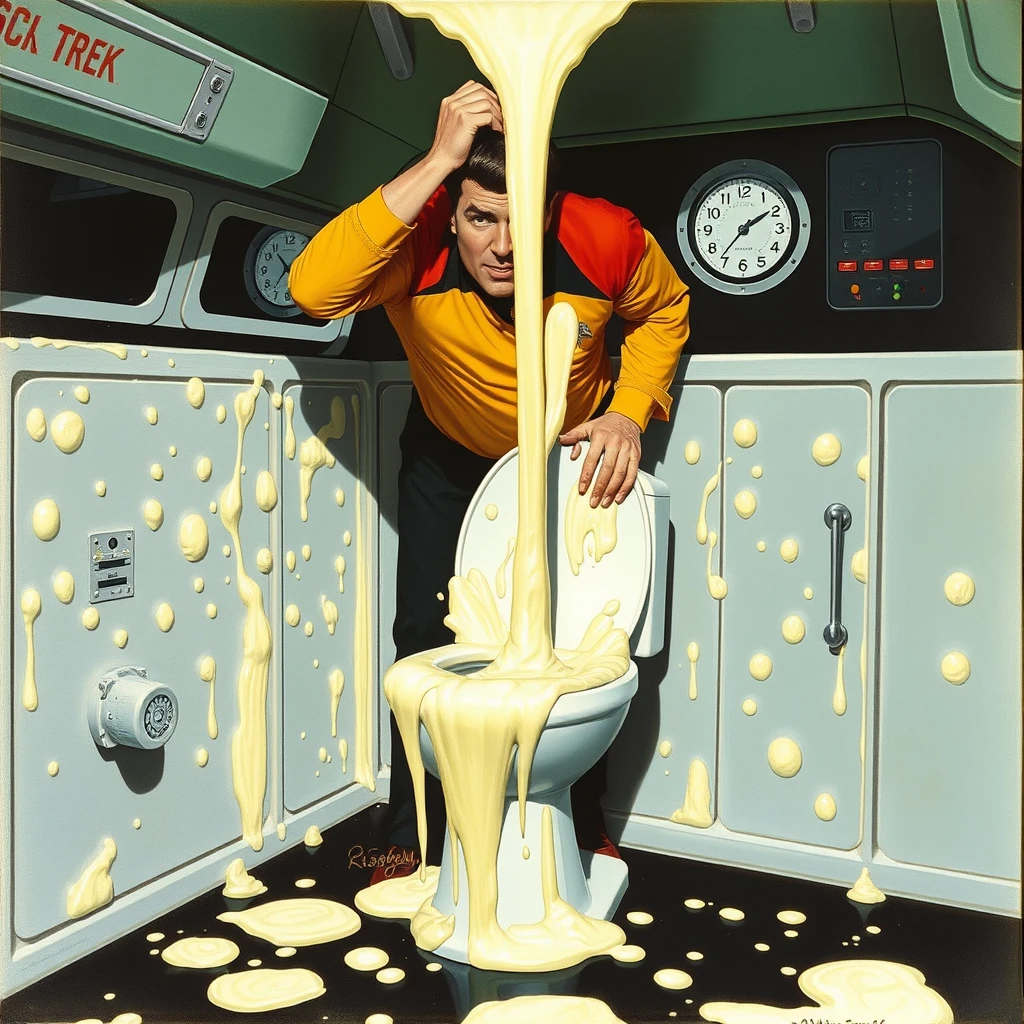 Montgomery Scott plunges a toilet on the USS Enterprise, goo is splattered everywhere, as painted by Arthur Sarnoff 1965.