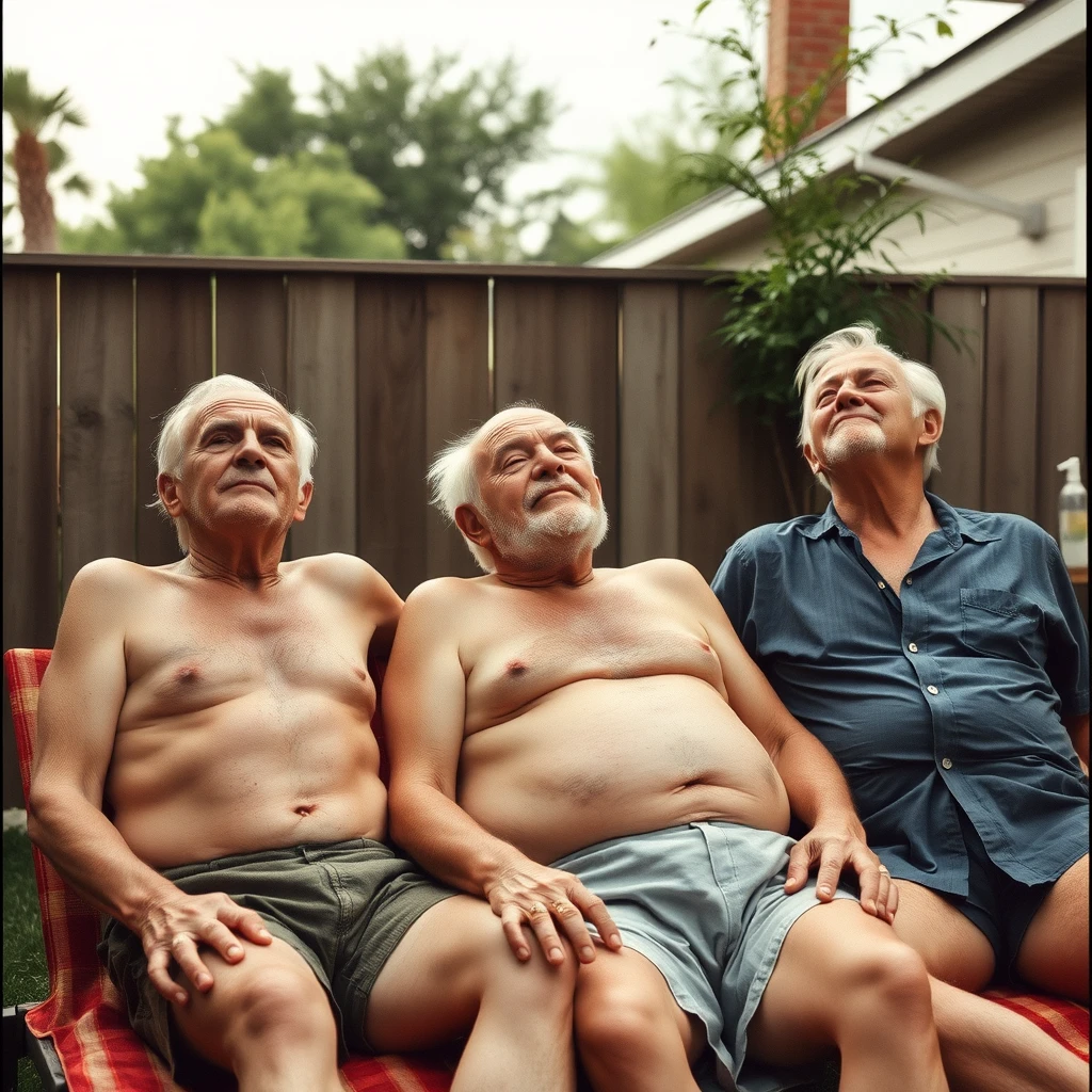 3 old men tanning in the backyard. - Image