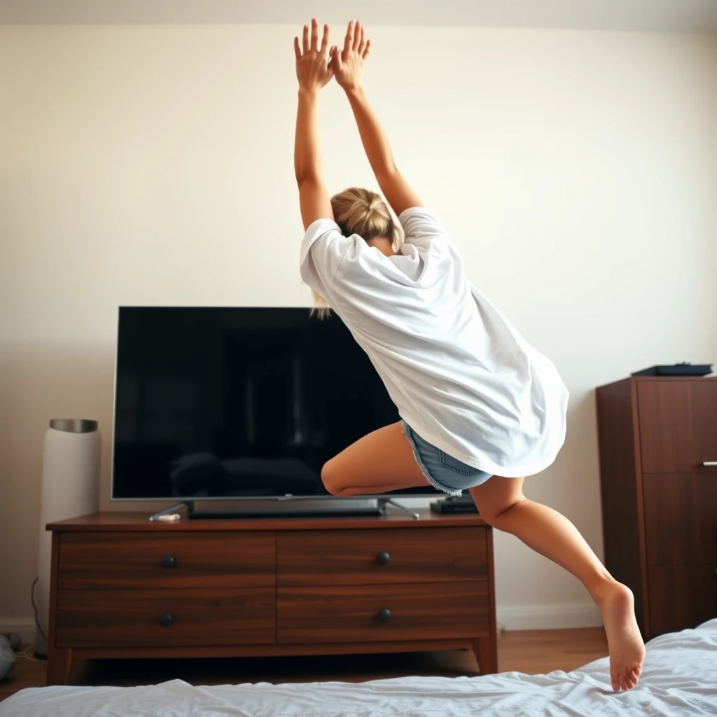 Side angle of a young skinny blonde woman in her twenties in her bedroom, wearing an oversized white t-shirt and light blue denim shorts, with no shoes or socks. She faces her TV and dives headfirst into it, arms raised above her head and legs up in the air, giving the appearance of diving or flying. The lower part of her t-shirt flares out, almost revealing her chest due to the height of her arms, which extend straight through the TV screen. - Image