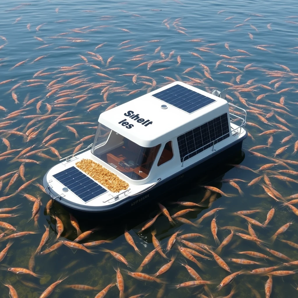 Smart floating feeding system in shrimp aquatic farm, that senses shrimp presence and navigates autonomously there to dispense the food grains, powered by solar panels and on catamaran hull that can be deployed remotely. - Image