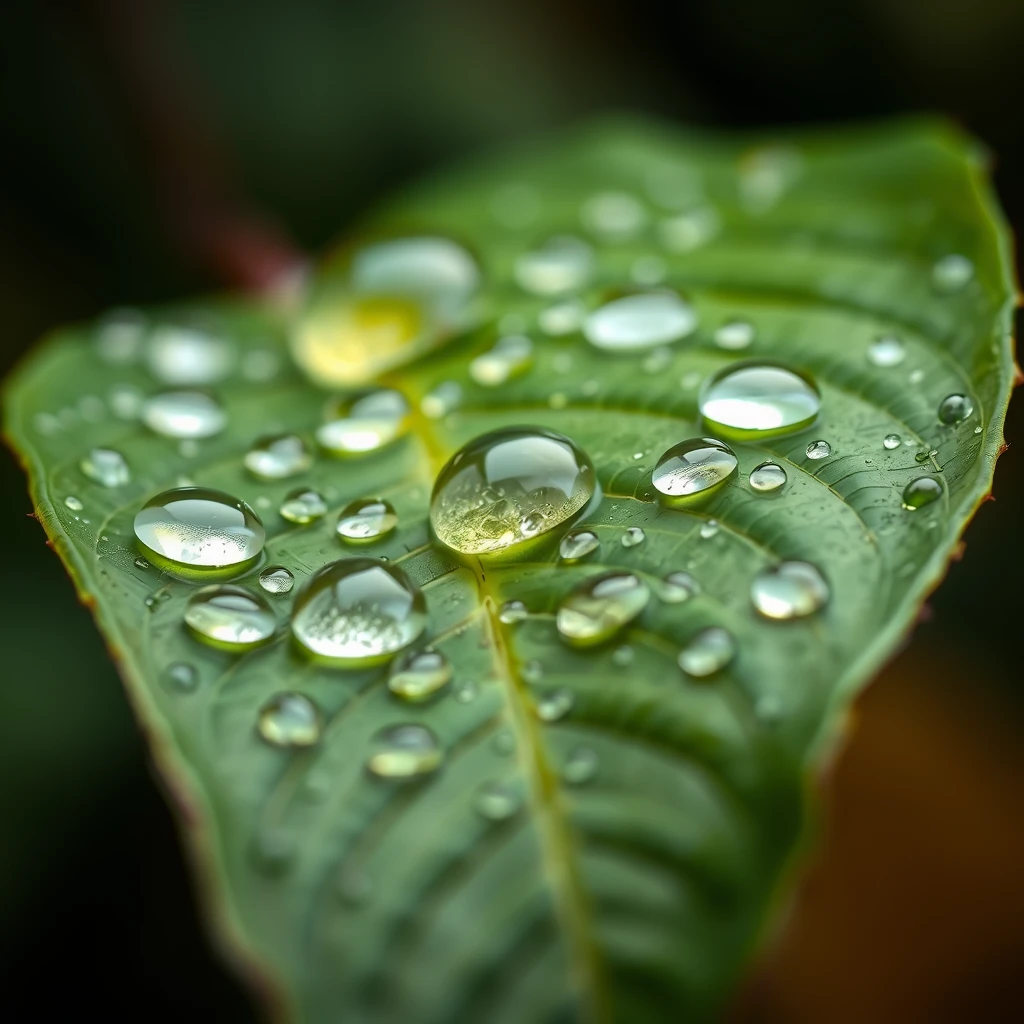 Water droplets on mango leaf, macro photography, detailed, high resolution, professional.