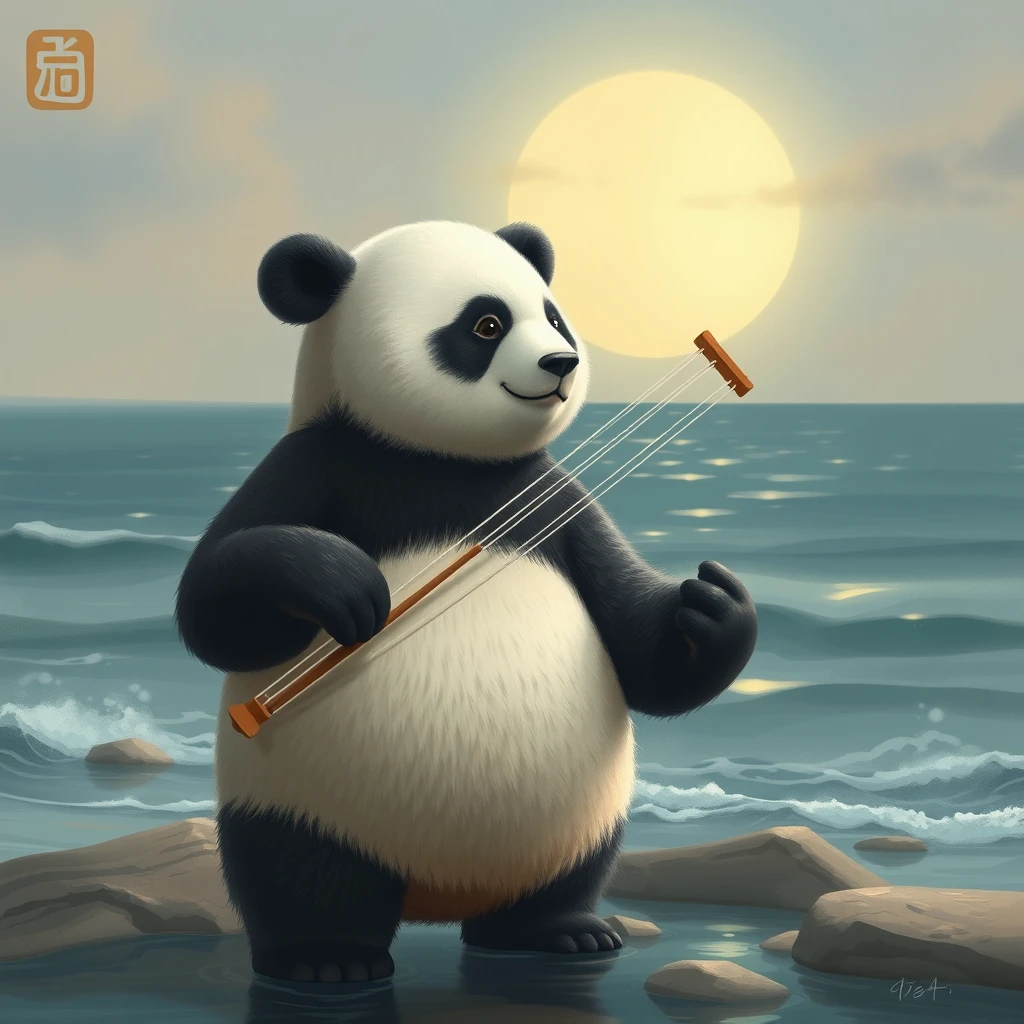 "Personified panda standing by the sea, affectionately playing the erhu."