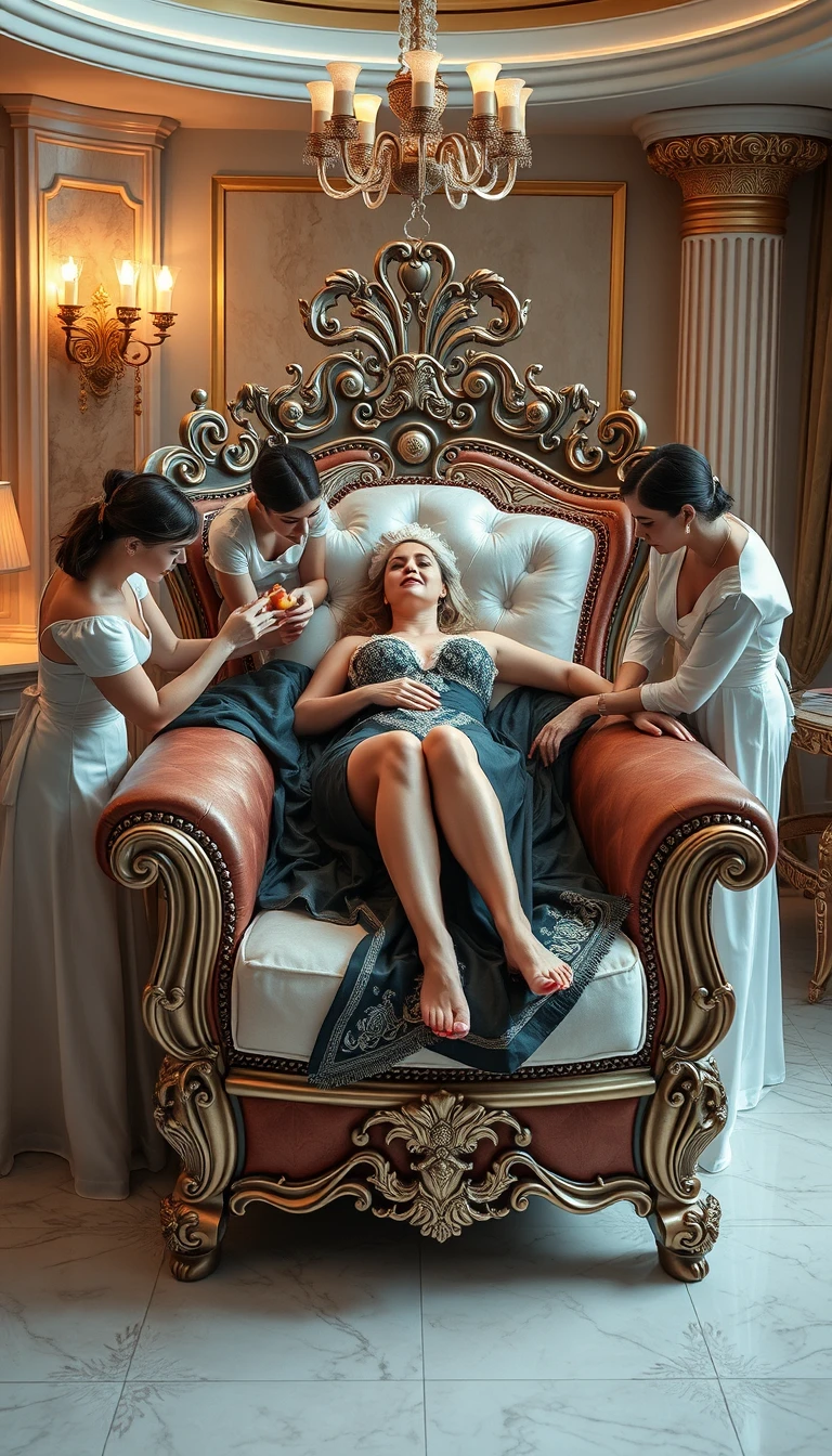 The voluptuous queen lay on a luxurious and exquisite lounge chair, with some maids massaging her back, some feeding her fruit, some doing her nails, and some massaging her feet.