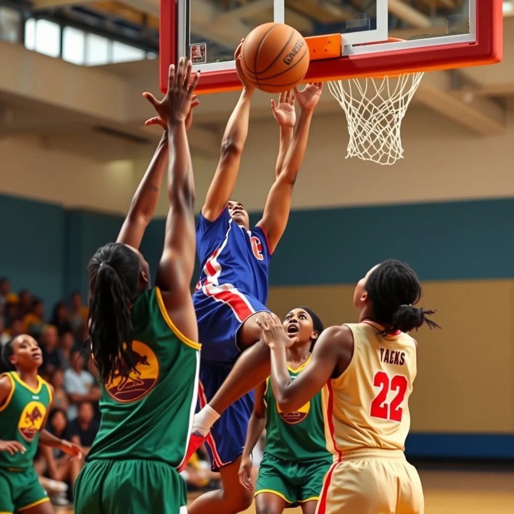 Asian man performing a slam dunk against a team of Ethiopian women. - Image