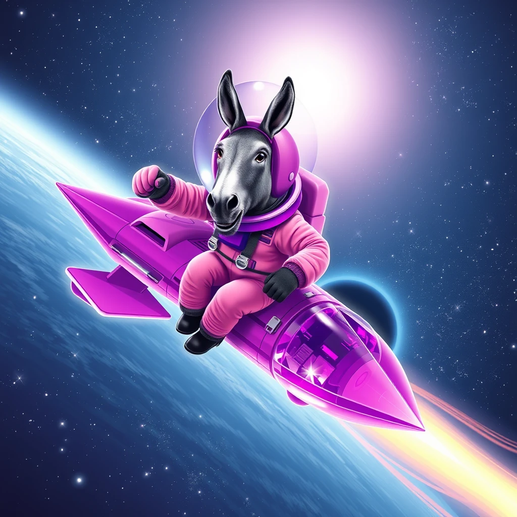 An ambitious donkey wearing pink astronaut costume, riding on a crystal light purple stunning spaceship, making a punching gesture, flying to the outerspace under a clear night sky with lots of shining stars, passing by a huge black-hole. Realistic style.