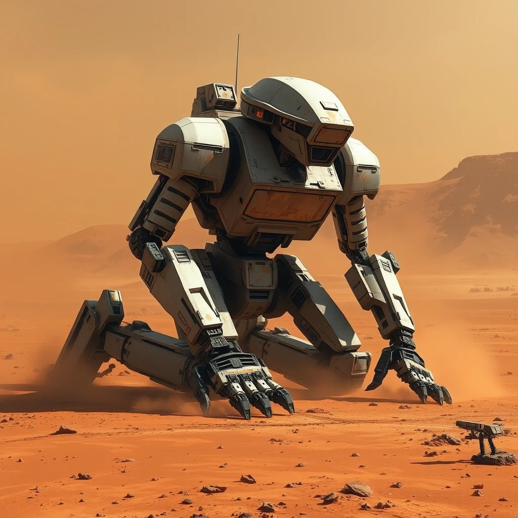 A huge robot with burn marks left by the battle kneeled on the surface of Mars. There was a slight sandstorm on Mars around 12 am.