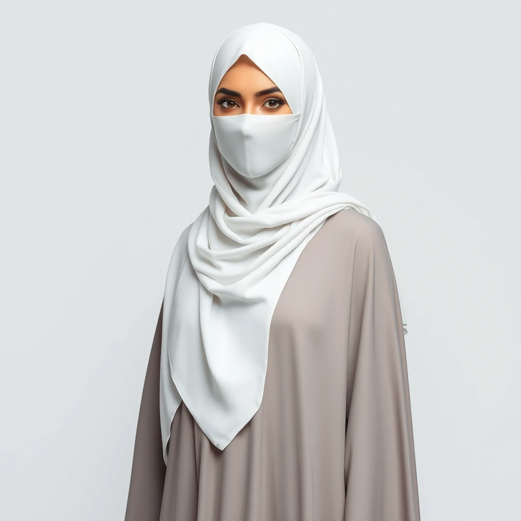 "Generate an image of a Muslim Arabic woman wearing a white niqab and a long, flowing gown. The niqab should cover her face while the gown should be elegant and modest, reflecting traditional Islamic attire. The background should be neutral or softly textured to ensure the focus remains on the woman and her attire. The lighting should be soft and even to highlight the details of the niqab and gown. 8k HD"