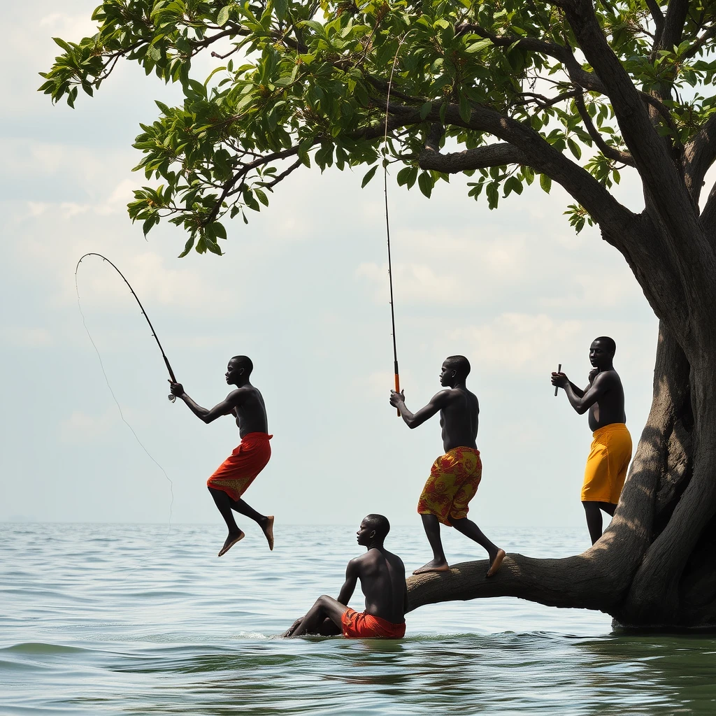 Africans fishing from a tree - Image