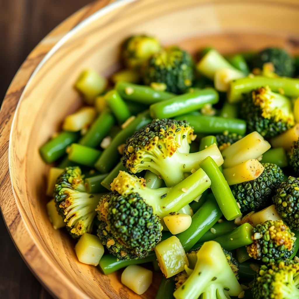 Professional food photography, chopped green beans and broccoli sautéed and served in a wooden bowl.