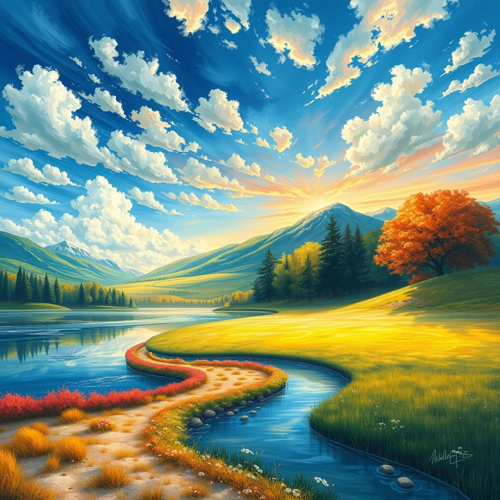 A [landscape] painting depicting the four seasons in a multi-layered size style, with a realistic color scheme and detailed nature depiction. The sky is impressive and the piece is designed to be viewed on multiple screens. Four colors are used to represent the four seasons, with a nature core