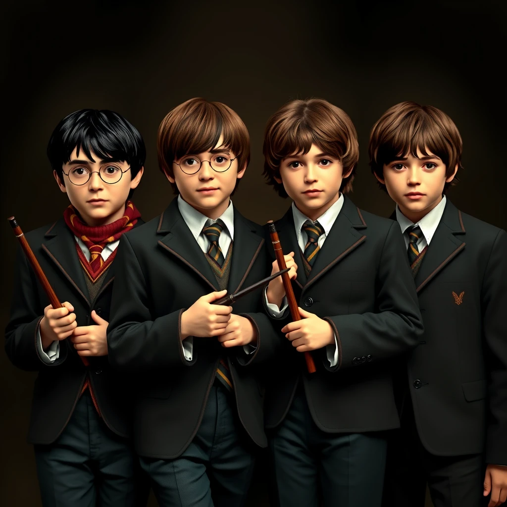 Photo realistic: Harry, Ron, Hermione, and Neville as Beatles. - Image