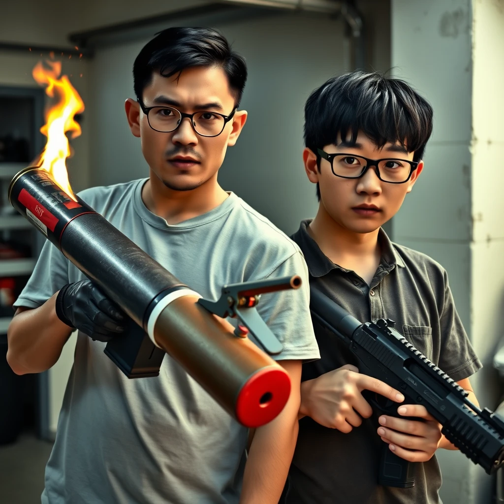 A 21-year-old non-Asian, very white Italian man, wearing round glasses and having short black hair, is holding a very large fire extinguisher that resembles a flamethrower. Alongside him is a 21-year-old northern Chinese man with a thin long face, wearing square glasses and having mid-length black hair with a fringe, holding a Glock. Both appear angry, exuding murderous intent, and the setting is a garage.  - Image