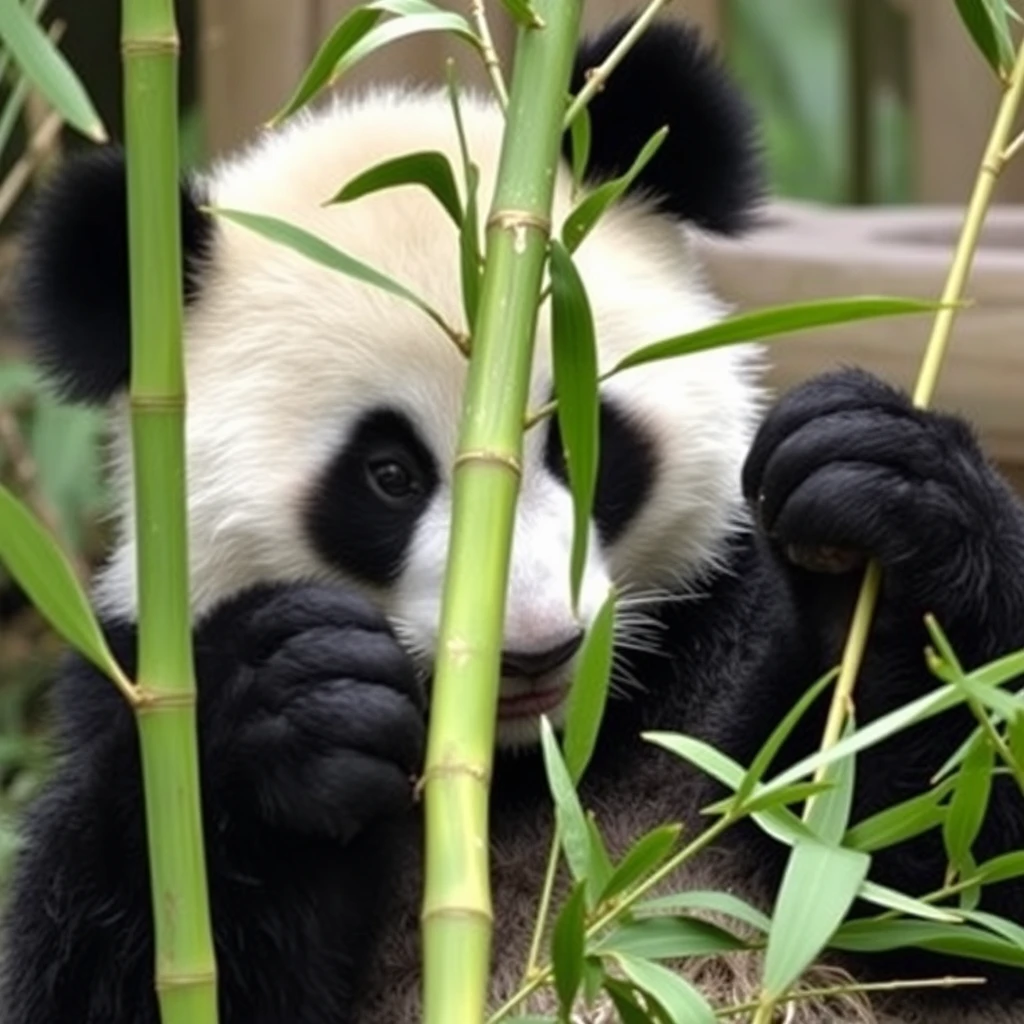 The panda is eating bamboo. - Image