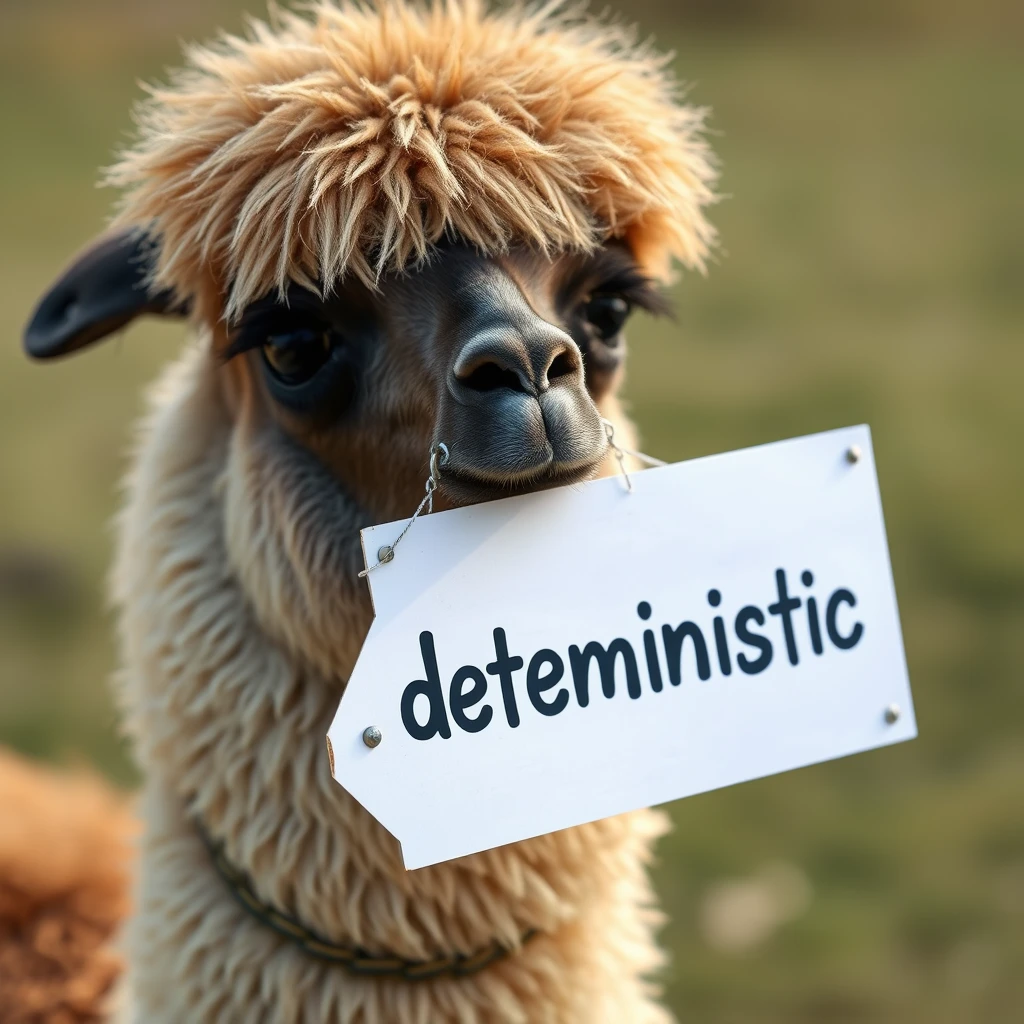 A llama with a sign board that reads that it identifies itself as "deterministic".