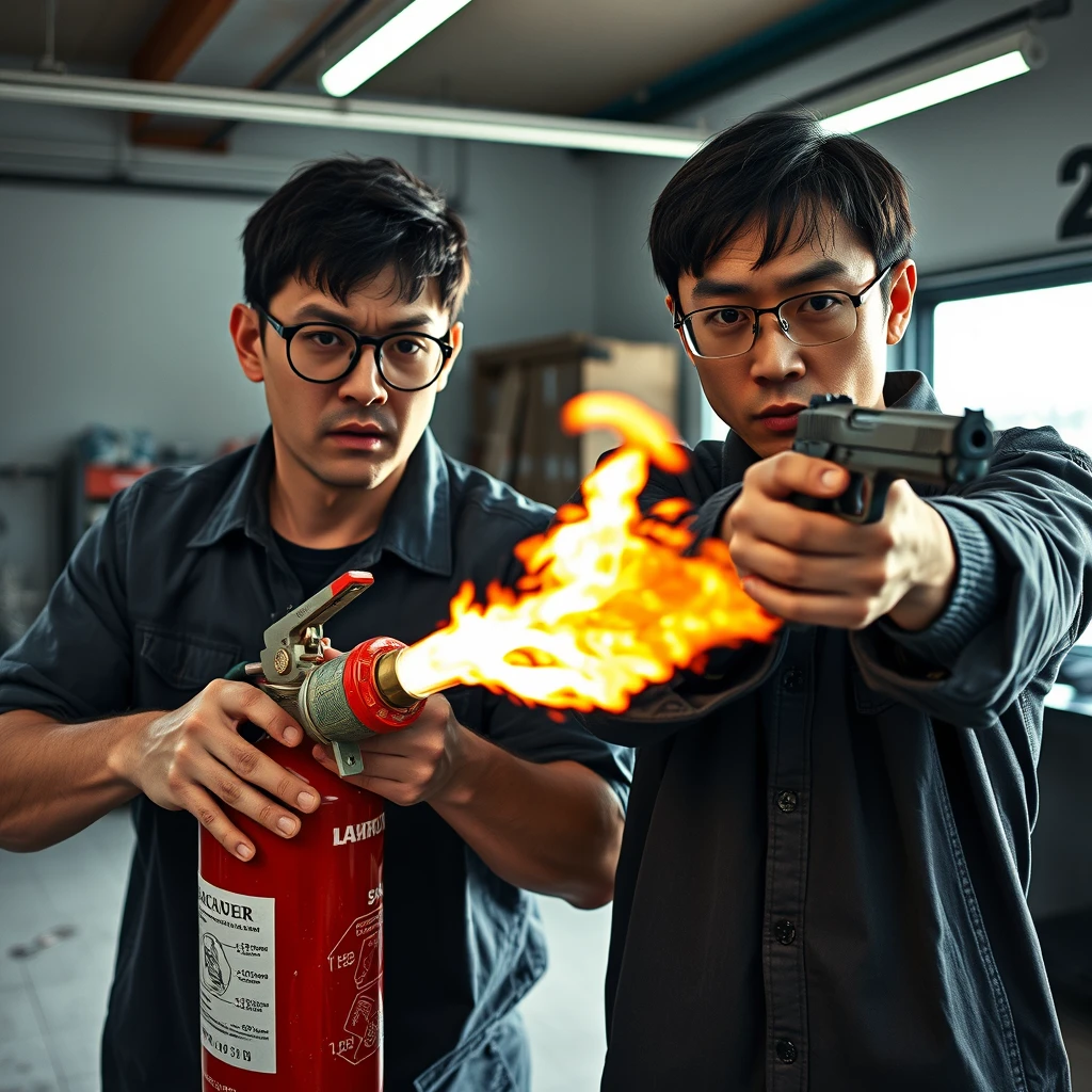 I want a 2-person set. They are two men, both 20 years old, looking really angry with murderous intent, and they are in a garage setting. 

The first man is a Caucasian white man; he has short black hair and wears round prescription glasses. In the scene, he is holding a very large fire extinguisher that shoots fire like a flamethrower. 

The second man is an Asian man; he has a thin long face, mid to long hair with a fringe, and wears square prescription glasses. He is holding a pistol, aiming for the screen.