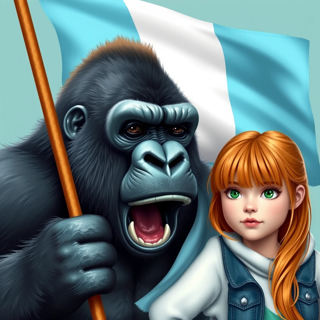 Fierce gorilla holding a three-striped flag in light blue, white, and light blue next to a cute ginger-haired teenage girl with green eyes and bangs. - Image