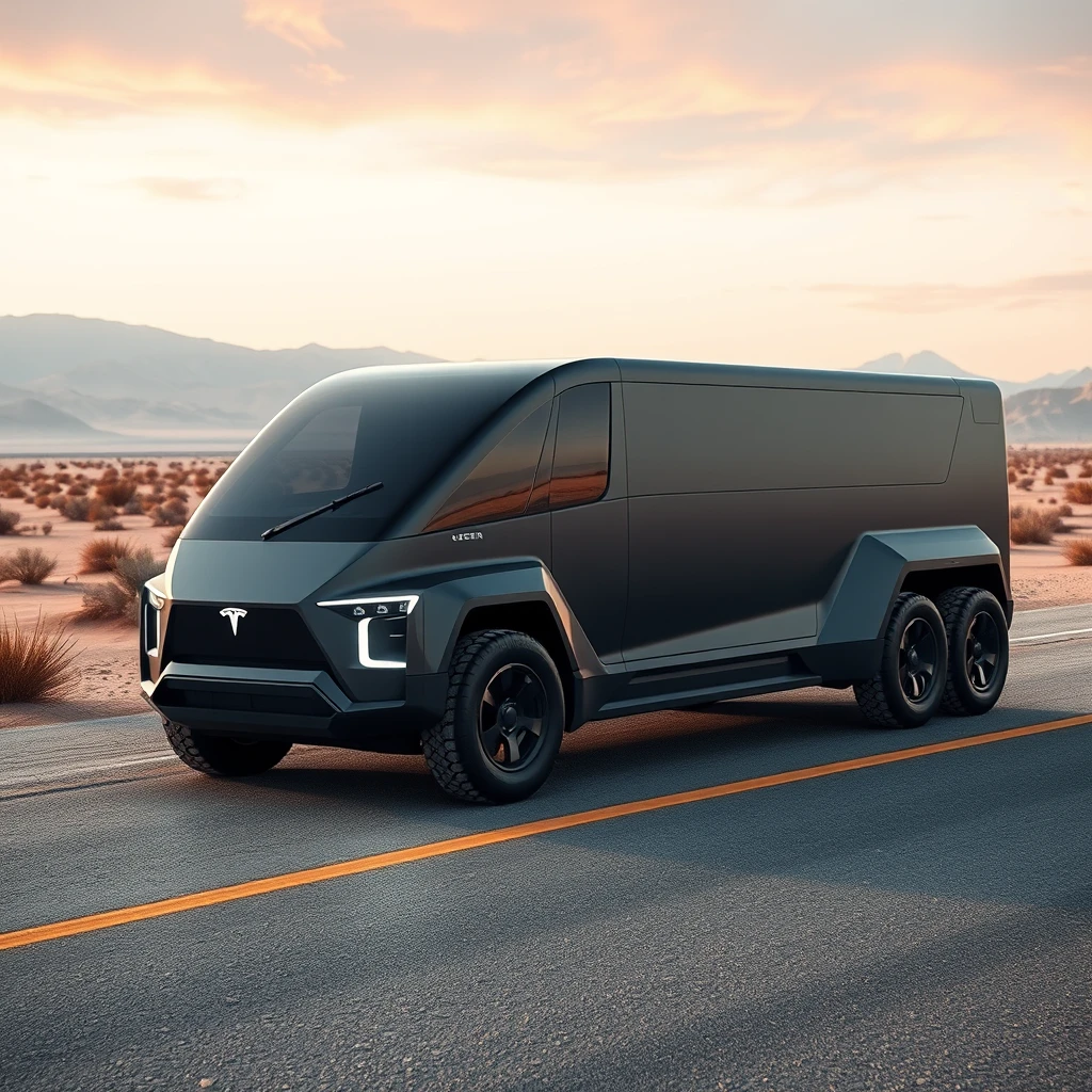 A photo of a Tesla Cybertruck parked on a desert road. High quality, realistic, cybertruck.