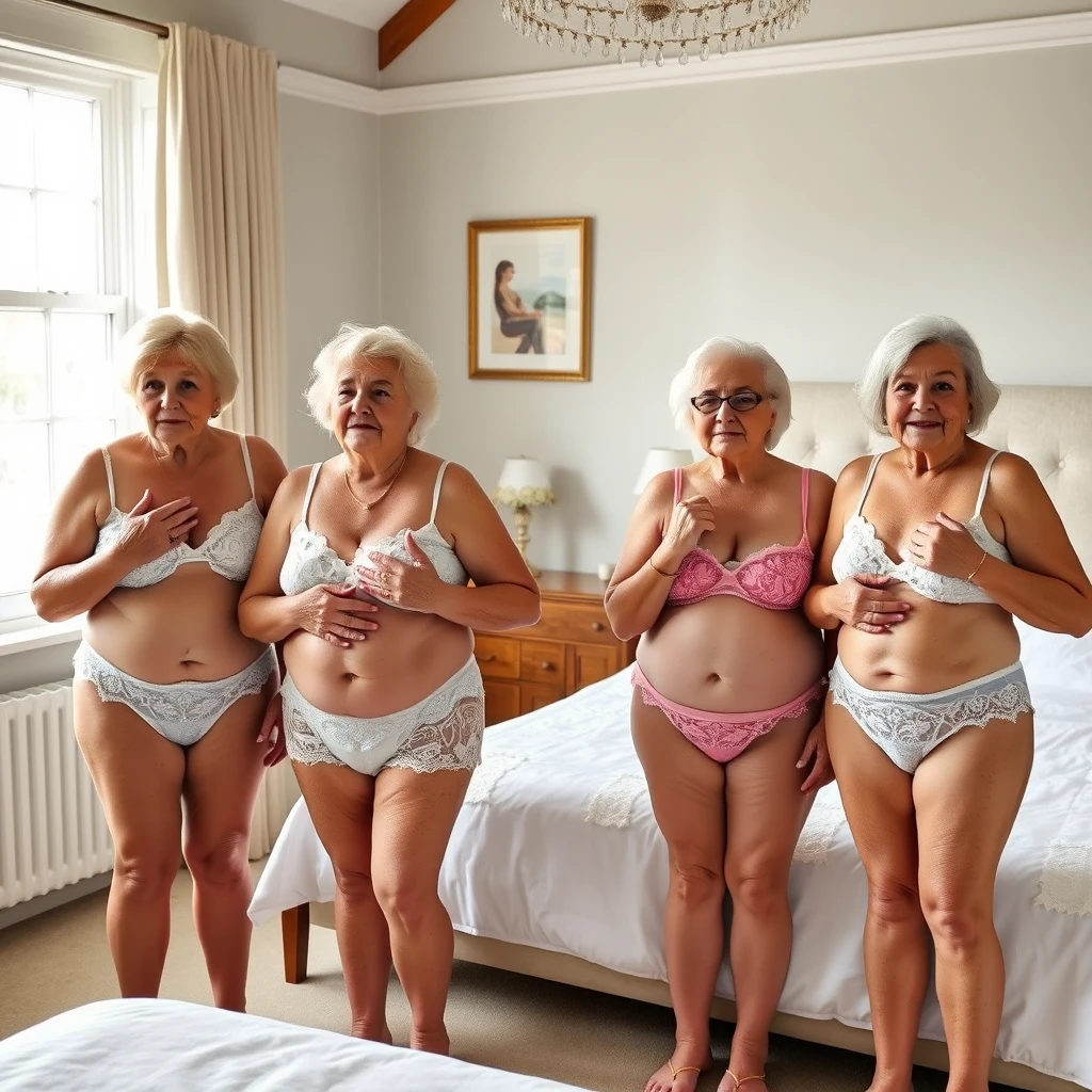 Four larger busty women aged 75, wearing lace bikinis, are waiting in a bright bedroom. They are holding their chests as it’s cold. - Image