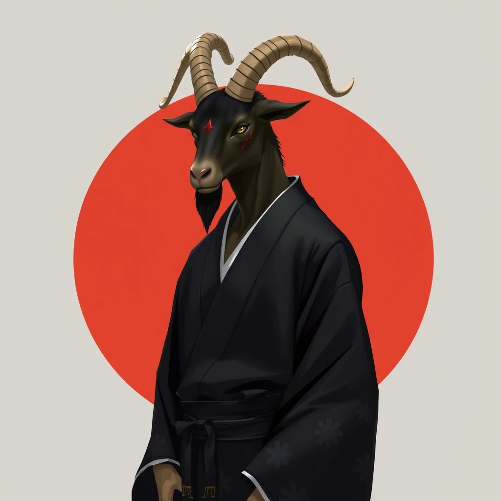 A man with a goat head wearing a black kimono, 2D art. - Image