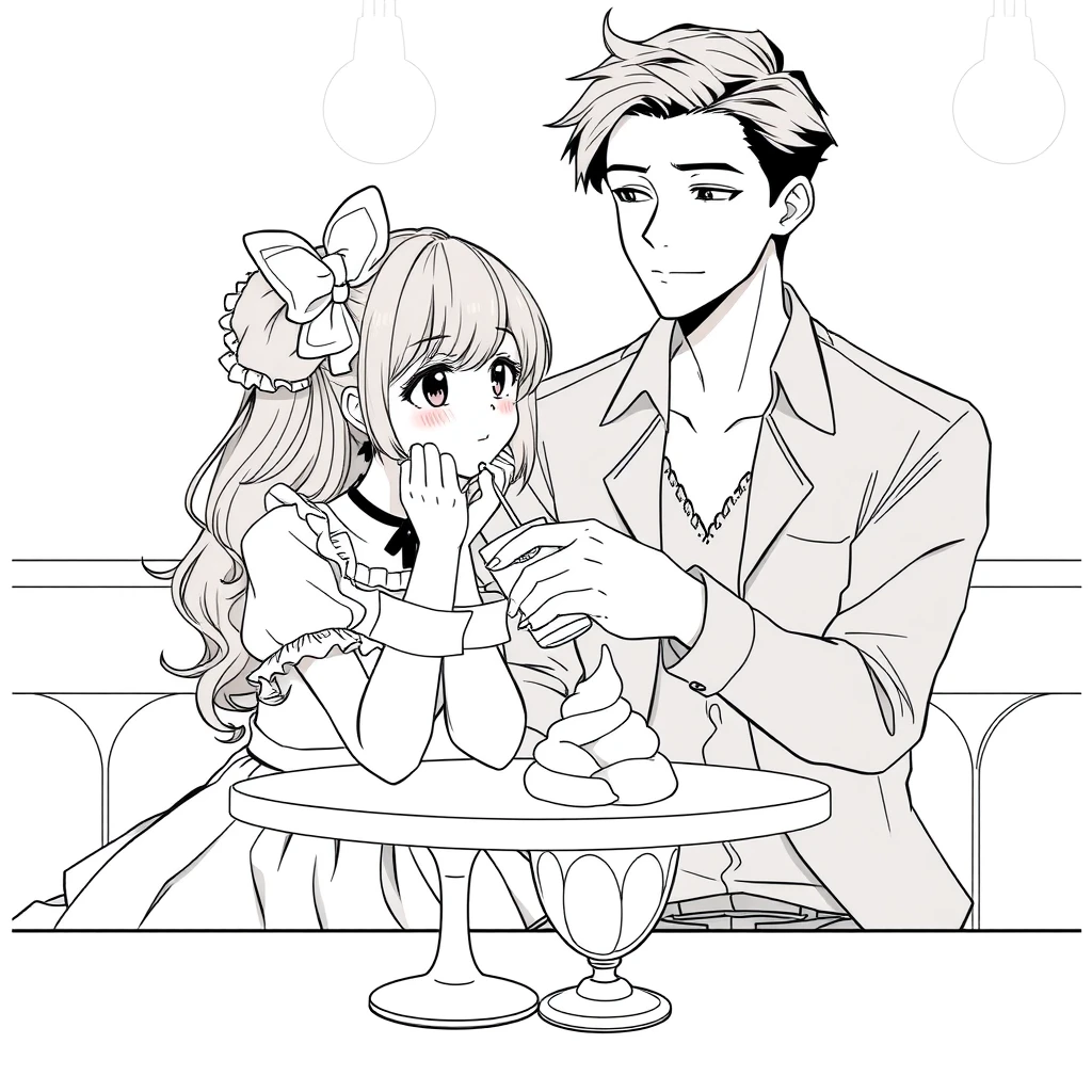 The boy was sitting and feeding his girlfriend a cup of ice cream, and the girl was wearing a Lolita dress, resting her cheeks on her hands on the table. The boy is tall and handsome. Anime line art. - Image