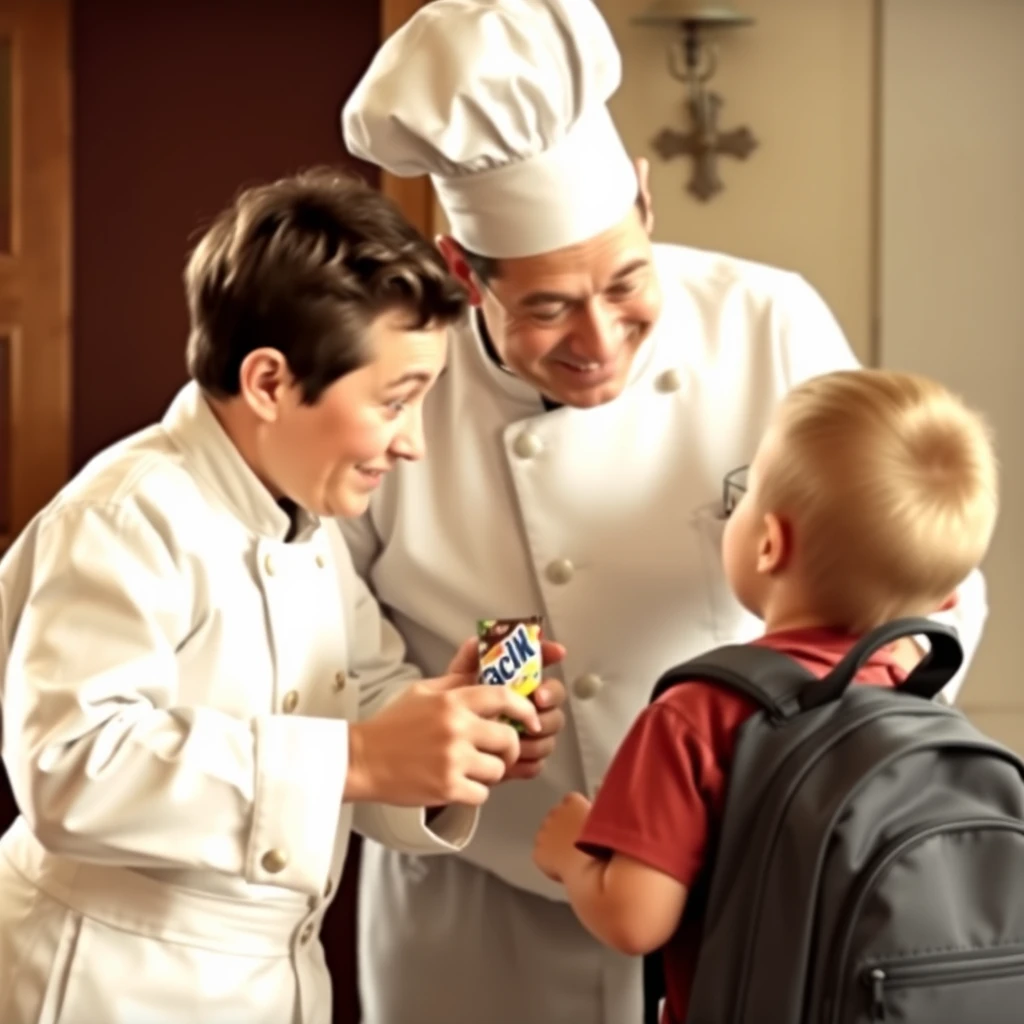 French chef stealing a chocolate bar from a kid's backpack. - Image