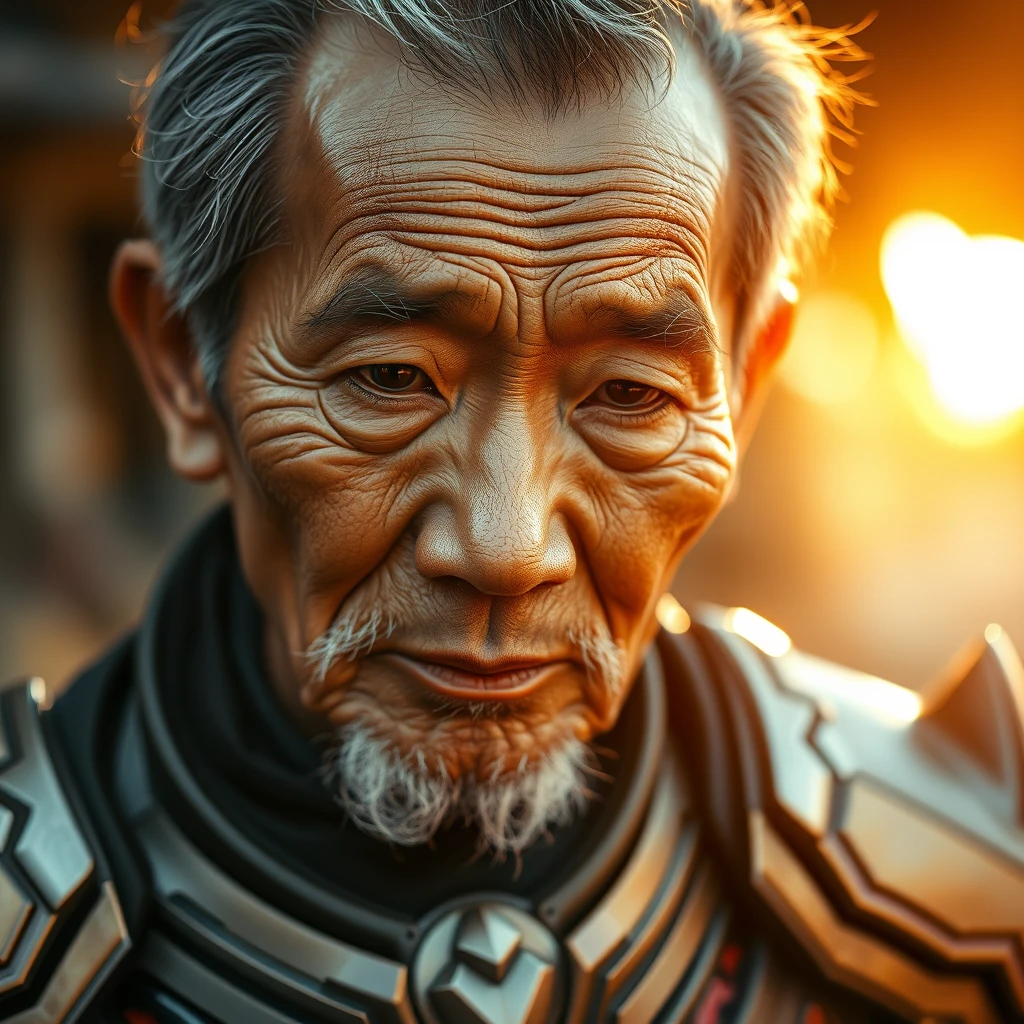 An old Malay man, in the transformation of Kaishin to become Kamen Rider, intricate detail, bokeh, golden hour.