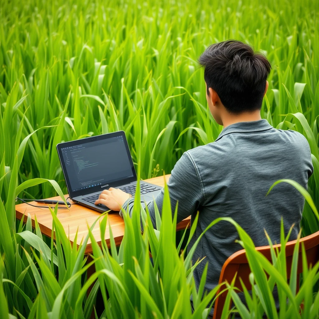 'an IT professional is coding in the middle of a lush rice field at a table, where the rice plants even climb up to the IT table, close-up viewed from the back, even though he actually has a handsome face, it is still seen from behind, he is Indonesian, with nice hair.'