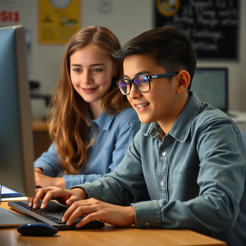 tech and girl，at computer study
 - Image