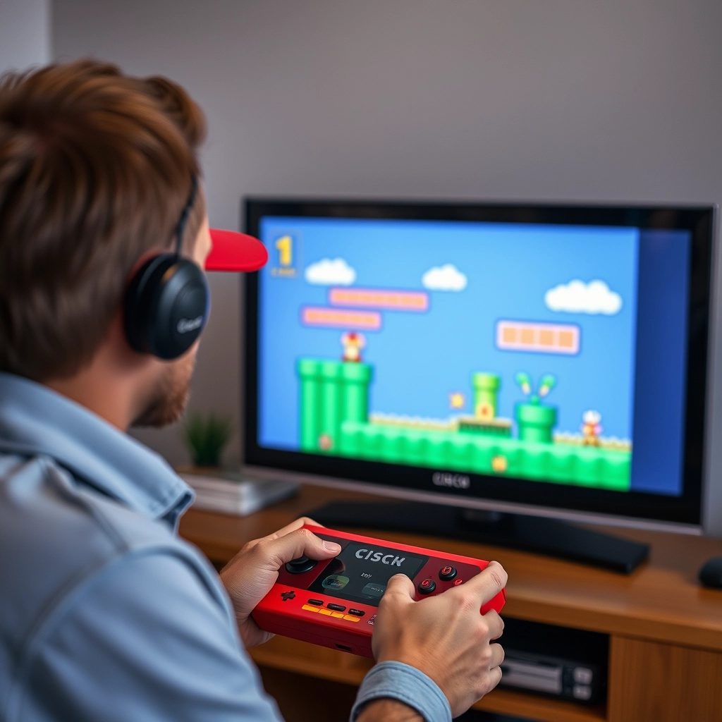 Man plays Mario on red Cisco, which connects to the TV.