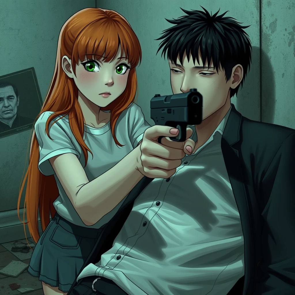 A death scene; a short, skinny teenage girl with long ginger hair and bangs, green eyes, and cute clothes shooting and killing a dead young, skinny, tall white man with black hair. - Image