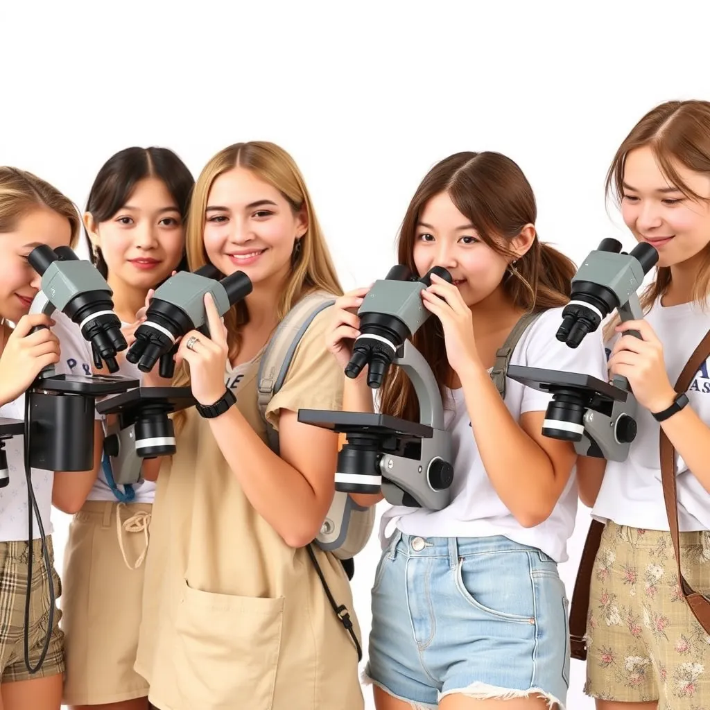 Create a photo of a group of female students wearing summer clothing and looking through microscopes. The background is white, and no text is visible.