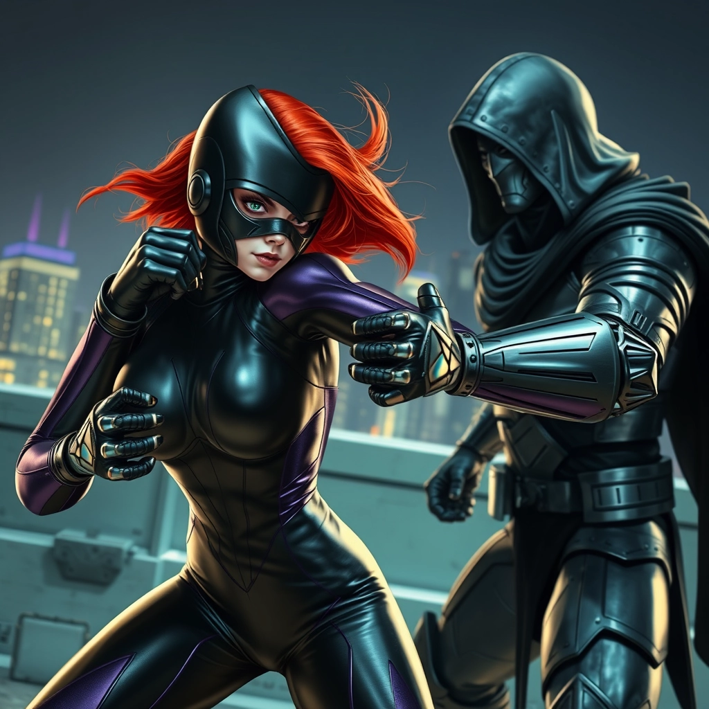 Female redhead with green eyes and black metallic mask, wearing metallic black and purple futuristic spandex, is throwing a punch at a tall man in heavy metallic armor with a black hood and cape on a futuristic nighttime rooftop, in a dynamic and realistic manner. - Image