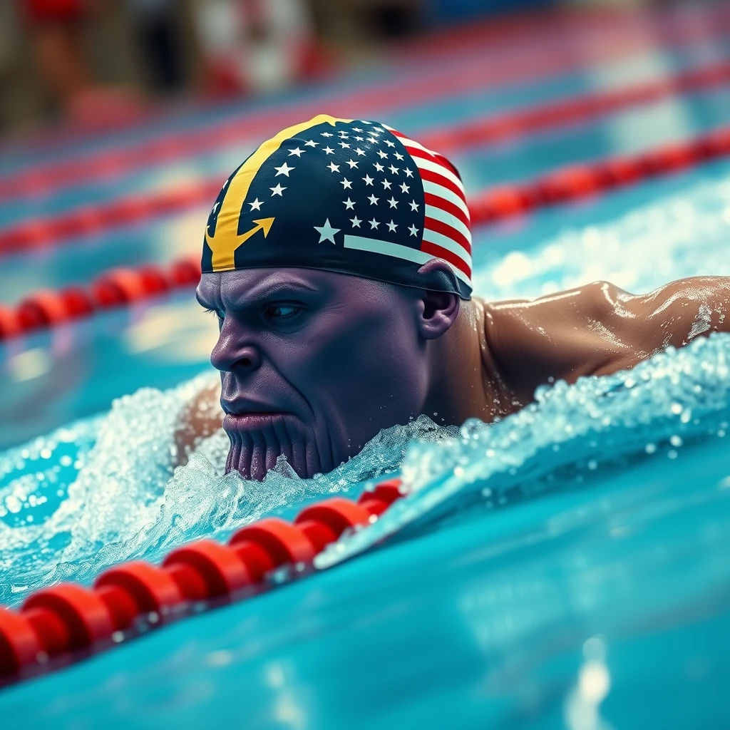 "A Thanos with only a purple face is swimming in a competition, wearing a swimming cap with the American flag, in a realistic style, swimming motion, panoramic photo."