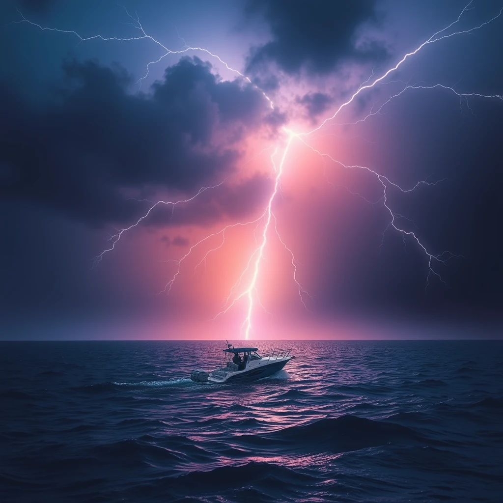 a boat on the sea with lighting thunder - Image