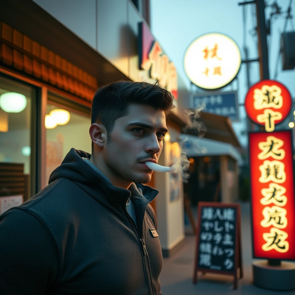 In the evening, a young strong man is smoking outside a restaurant. There is a sign outside the restaurant, and the words on the sign can be seen clearly; they are in Chinese or Japanese.