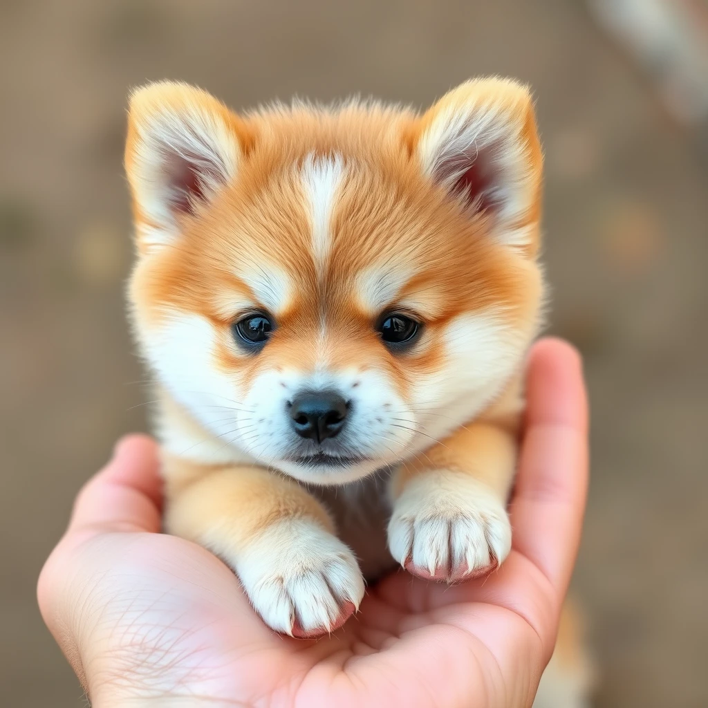 A very small cute Akita dog in a hand. - Image