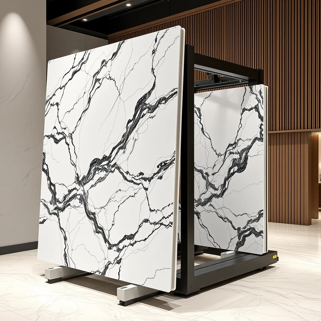 Smart, stylish automated AGV-based carrier-cum-display system that holds two large 4-meter-sized polished marble panels such that one horizontal panel and one vertical marble panel together form a large L-shaped configuration, in the pattern matching orientation, in a professional yet cheerful setting. - Image