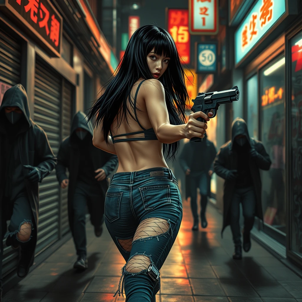 sexy alluring cyberpunk Japanese female with long straight black hair, sprinting desperately down a dark dystopian urban alleyway being chased by cyberpunk assassins in hooded cloaks, holding a revolver pistol in her right hand, ripped jeans, ripped fishnet leggings, she is turned towards the chasers with pistol shooting at them, bokeh, depth of field, cybernetic implants, grunge graffiti art style, Japanese shop signs, neon lights with realistic lighting, dark and gloomy, manhwa art style, realistic lighting, realistic reflections, high quality, 8k, concept art, close up camera shot, realistic hands, realistic pistol.