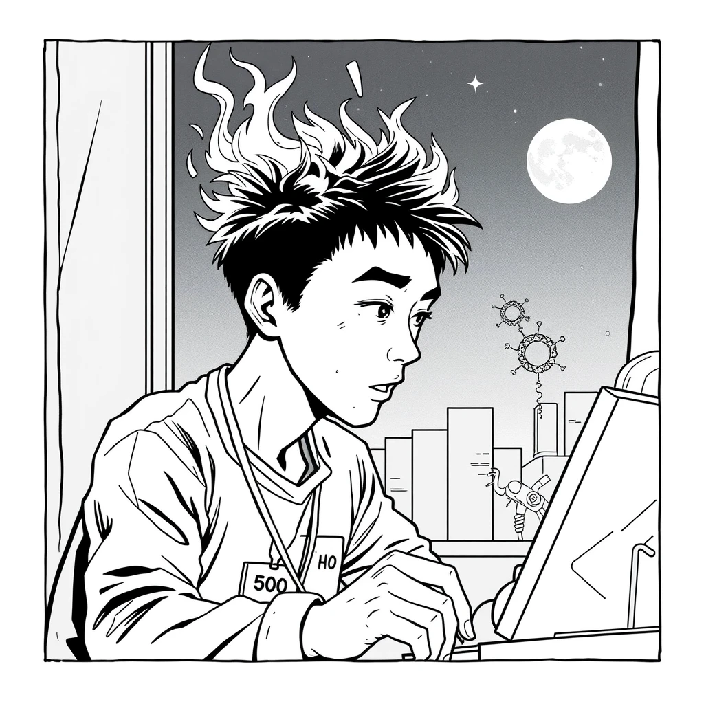 lineart comic, A young Asian man working like crazy, his head on fire, the moon outside the window. The man had an ID tag that said "500."