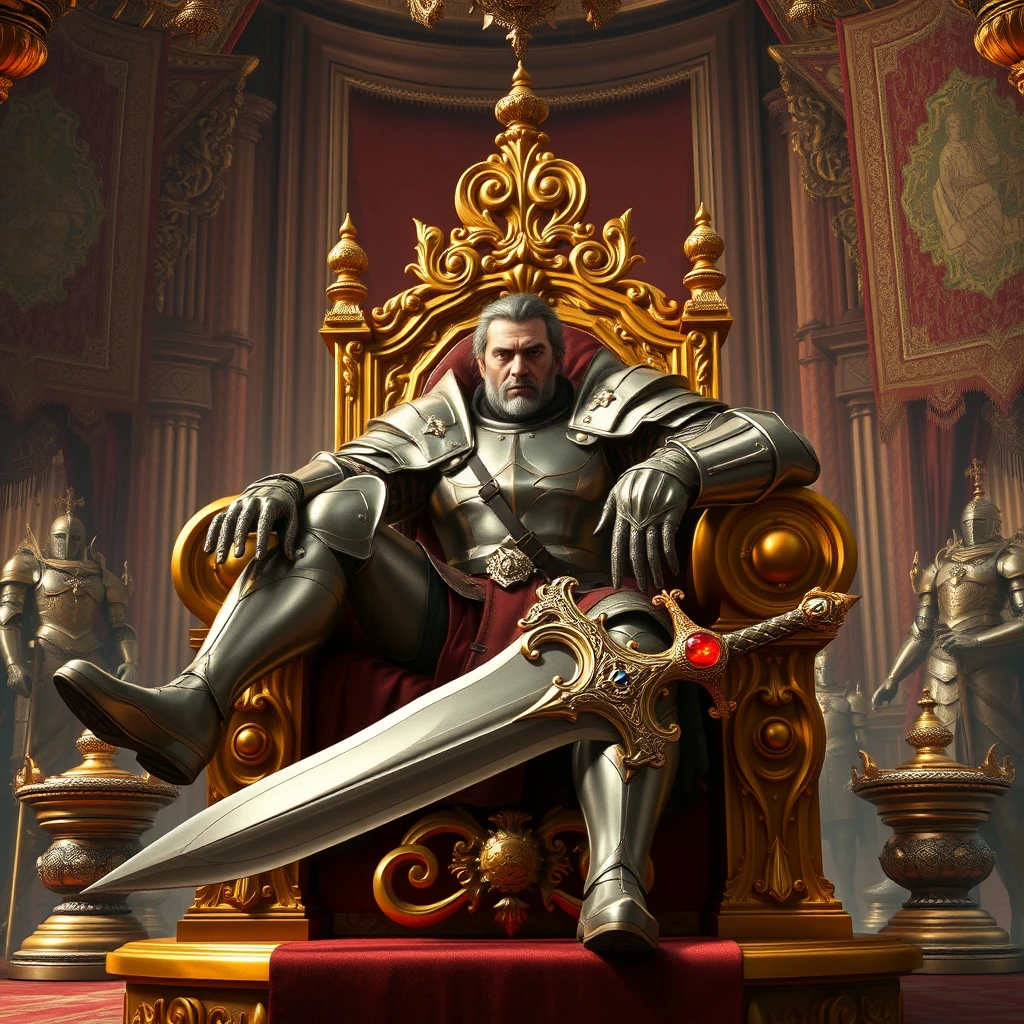 [Scene] A grand, opulent throne room within a medieval palace, richly decorated with tapestries, banners, and gleaming suits of armor. A golden throne, adorned with intricate carvings and precious stones, sits atop a raised dais, commanding the room.  
[Character 1] A handsome and powerful usurper, a man of imposing stature and fierce countenance. He is clad in gleaming, meticulously crafted plate armor, his muscular physique evident beneath the cold steel. His face, weathered and bearing the scars of battle, holds a look of ruthless ambition and triumph.  
[Pose 1] The usurper sits sprawled upon the golden throne, his posture arrogant and commanding. One leg is casually draped over the armrest, his hand resting upon the jeweled pommel of a large, ornate sword that rests across his lap. His head is held high, chin raised in a gesture of haughty dominance, as he surveys the room with a cold, calculating gaze.  
[Character 2] The deposed king, a frail and broken man, draped in the remnants of his once-regal robes. His face is etched with despair and humiliation.  
[Pose 2] The deposed king kneels abjectly at the foot of the throne, his head bowed low.  
[Interactions 1 & 2] The deposed king presses his lips against the usurper's armored boot in a gesture of forced submission and fealty. The usurper looks down upon him with a mixture of contempt and satisfaction, his grip tightening on the pommel of his sword. The scene depicts a brutal transfer of power, highlighting the ruthlessness and ambition of the usurper and the utter defeat of the former king. - Image